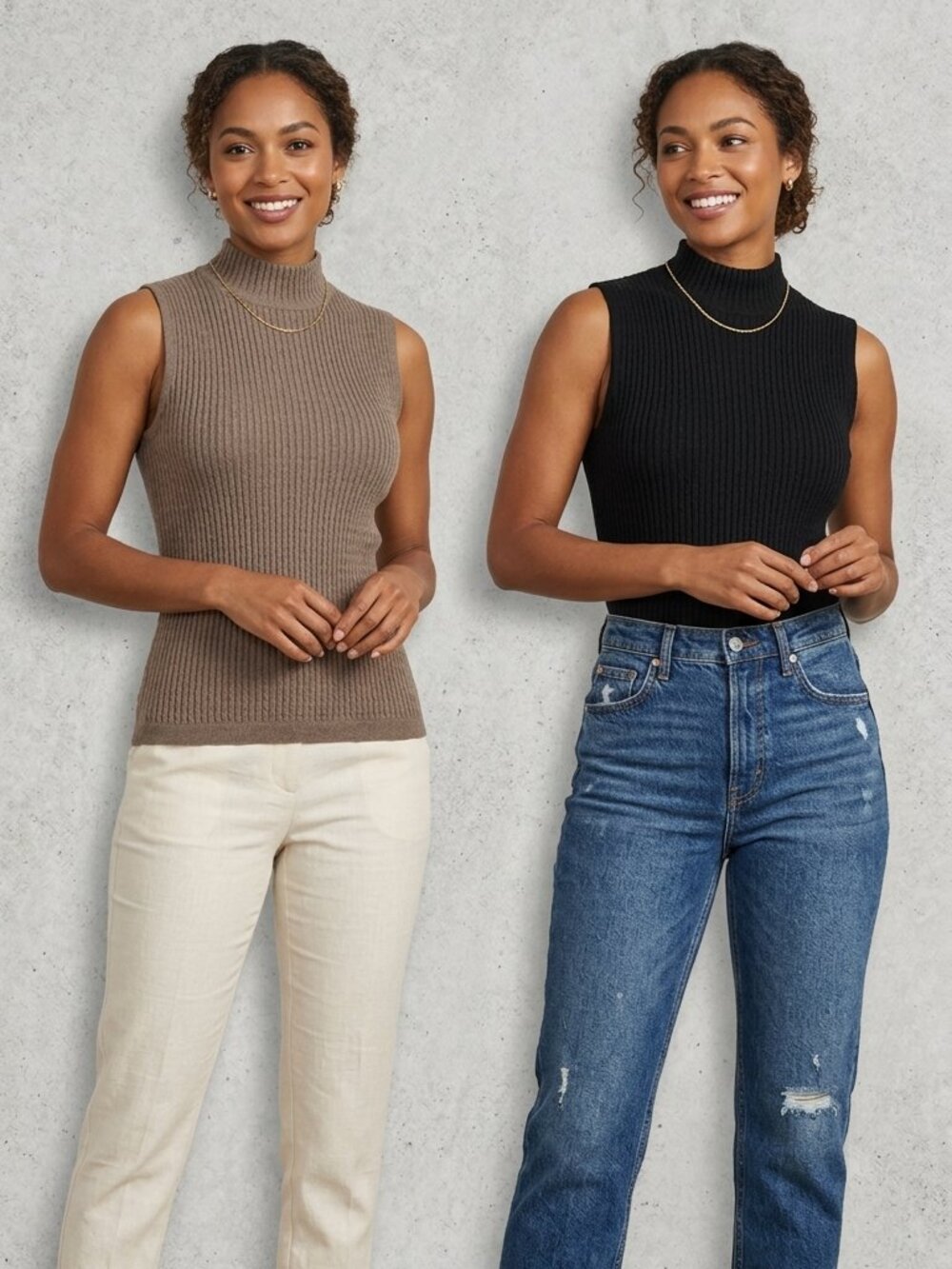NWT Olivia Jordan Sleeveless Cable Ribbed Mock Neck Knit Top Black & Tan S/M